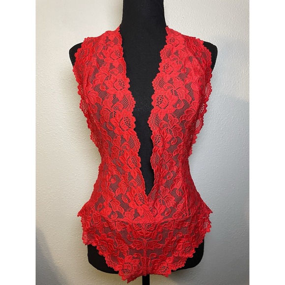 Adore Me Tops - Adore Me Bodysuit Lingerie Size XL Red Lace Halter One Piece Teddy Backless NWT‎